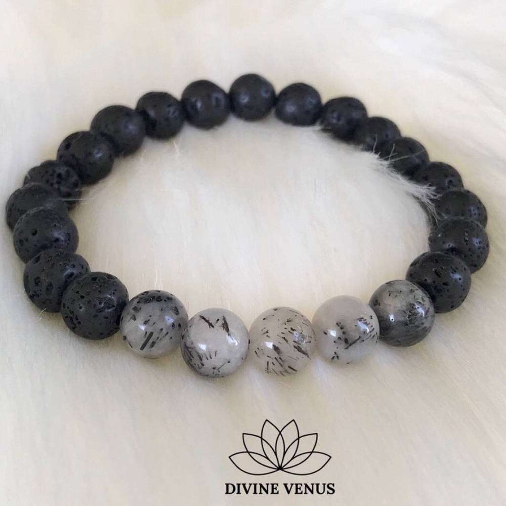 Tourmalinated Quartz x Lava Beads Stretch Bracelet